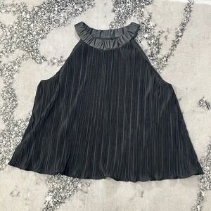 DKNY Black Pleated Halter‎ Top Faux Leather Trim Sleeveless Flowy Womens Size L